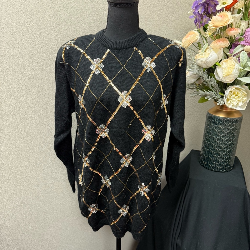 Alfred Dunner Black Sequin Argyle Embellished Sweater L Holiday Glam